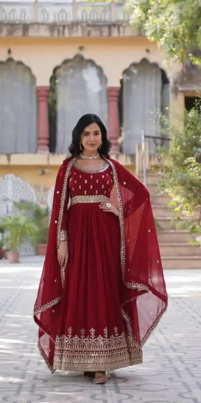 KA 1144 Maroon Faux Blooming Gown with Embroidery Work & Zari Work. Exclusive Offer ₹2449. Delivery 4-6 Working Days. Shop now. | Gowns, Bollywood Gowns, Creative Gowns, Designer Gowns, Embroidered Gowns, Party Wear Gowns