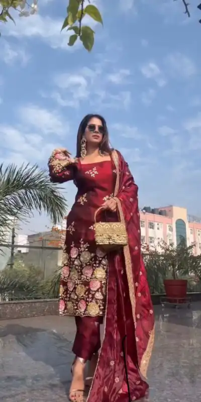 NSR 881 Maroon Organza Poly Silk Salwar Suit with Embroidery Work & Lace Work. Introductory Price ₹209. Delivery 4-6 Working Days. Shop now. | Jump Suits, Salwar suit, Designer Suits, Casual Suits, Creative suits, Palazzo Suits, Party Wear Suits, Patiala Suits, Straight Suits