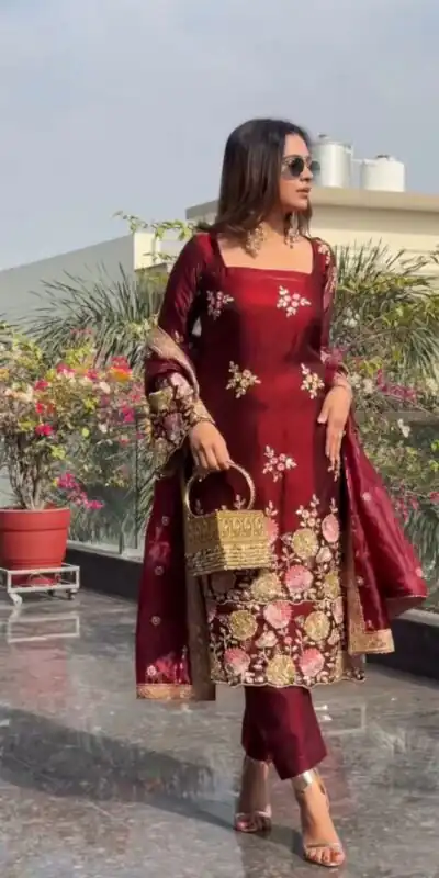 NSR 881 Maroon Organza Poly Silk Salwar Suit with Embroidery Work & Lace Work. Introductory Price ₹209. Delivery 4-6 Working Days. Shop now. | Jump Suits, Salwar suit, Designer Suits, Casual Suits, Creative suits, Palazzo Suits, Party Wear Suits, Patiala Suits, Straight Suits