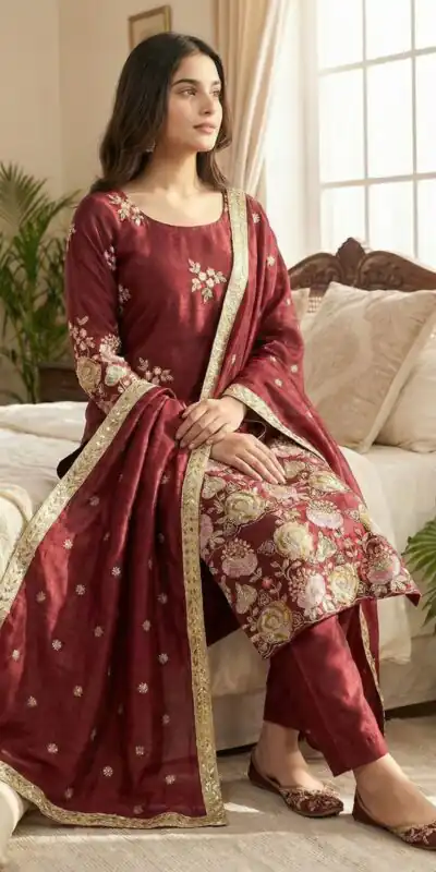 NSR 881 Maroon Organza Poly Silk Salwar Suit with Embroidery Work & Lace Work. Introductory Price ₹209. Delivery 4-6 Working Days. Shop now. | Jump Suits, Salwar suit, Designer Suits, Casual Suits, Creative suits, Palazzo Suits, Party Wear Suits, Patiala Suits, Straight Suits