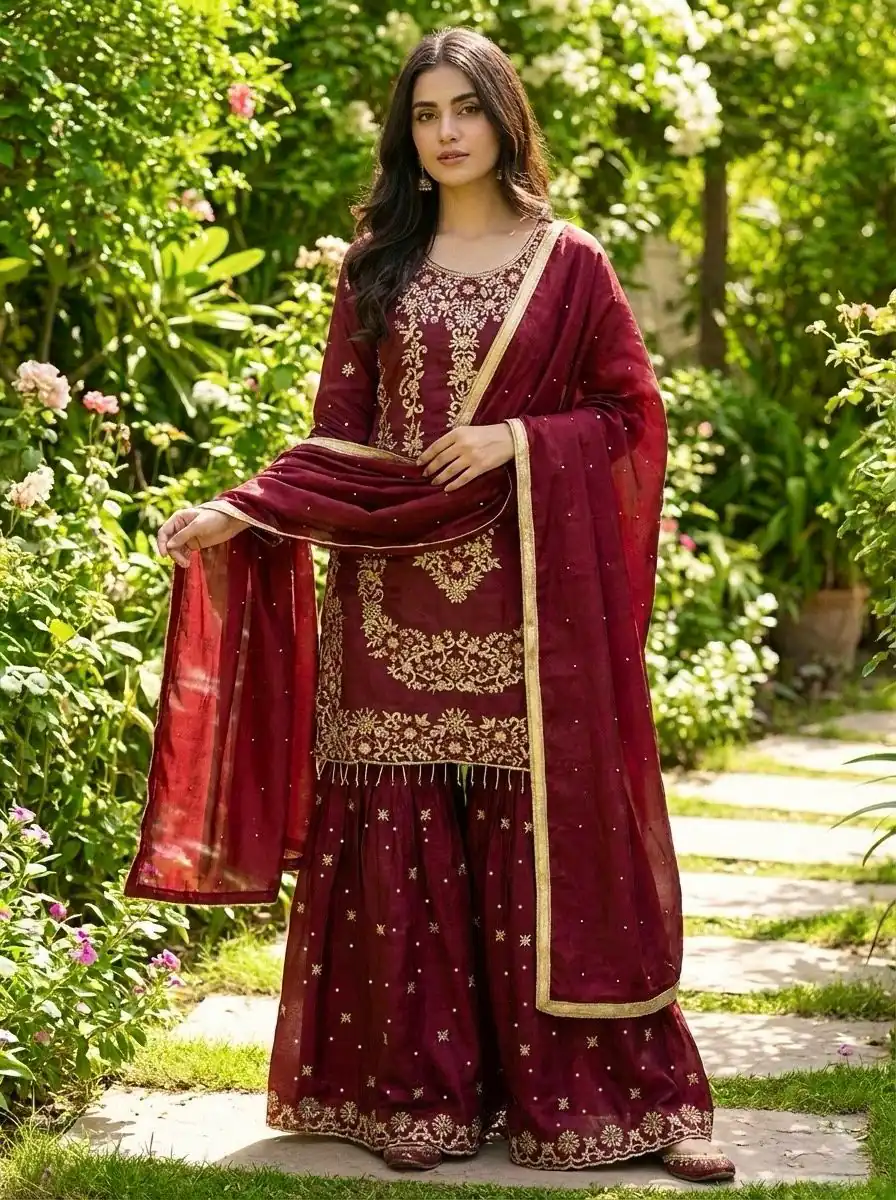 NSR 882 Maroon Organza Silk Salwar Suit Perfect for Wedding, Party, Durga Puja, Bridal Wear, Pooja – . Special Price ₹2099. Delivery 4-6 Working Days | Jump Suits, Tops & Bottoms, Track Suits, Trendy Wear, Salwar suit, Designer Suits, Casual Suits, Creative suits, Palazzo Suits, Party Wear Suits, Patiala Suits, Straight Suits
