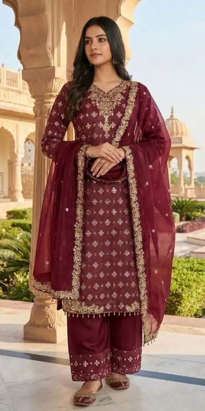 ZSR 3158 Maroon in Organza Silk Lace Work & Embroidery Work Salwar Suit . Get it for ₹2399. Delivery 4-6 Working Days. Shop now. | Jump Suits, Tops & Bottoms, Track Suits, Trendy Wear, Salwar suit, Designer Suits, Casual Suits, Creative suits, Palazzo Suits, Party Wear Suits, Patiala Suits, Straight Suits