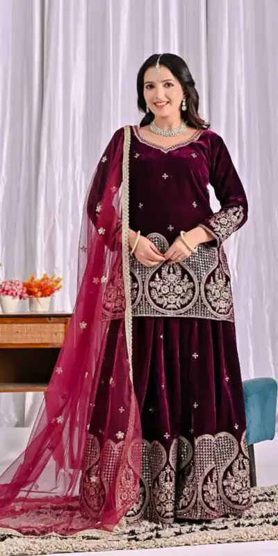 ND 5054 Maroon Embroidery Work Salwar Suit in Maroon Viscous Velvet. Available at ₹2449 only. Delivery 4-6 Working Days. Shop now. | Jump Suits, Tops & Bottoms, Track Suits, Trendy Wear, Salwar suit, Designer Suits, Casual Suits, Creative suits, Palazzo Suits, Party Wear Suits, Patiala Suits, Straight Suits