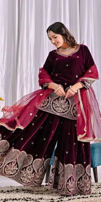 ND 5054 Maroon Embroidery Work Salwar Suit in Maroon Viscous Velvet. Available at ₹2449 only. Delivery 4-6 Working Days. Shop now. | Jump Suits, Tops & Bottoms, Track Suits, Trendy Wear, Salwar suit, Designer Suits, Casual Suits, Creative suits, Palazzo Suits, Party Wear Suits, Patiala Suits, Straight Suits
