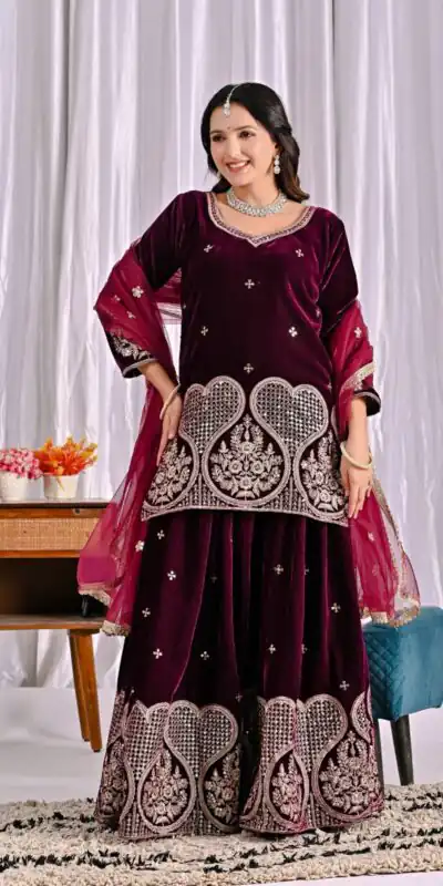 ND 5054 Maroon Embroidery Work Salwar Suit in Maroon Viscous Velvet. Available at ₹2449 only. Delivery 4-6 Working Days. Shop now. | Jump Suits, Tops & Bottoms, Track Suits, Trendy Wear, Salwar suit, Designer Suits, Casual Suits, Creative suits, Palazzo Suits, Party Wear Suits, Patiala Suits, Straight Suits
