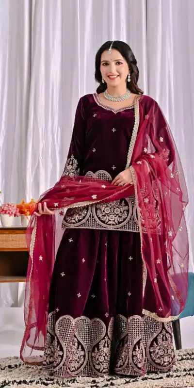 ND 5054 Maroon Embroidery Work Salwar Suit in Maroon Viscous Velvet. Available at ₹2449 only. Delivery 4-6 Working Days. Shop now. | Jump Suits, Tops & Bottoms, Track Suits, Trendy Wear, Salwar suit, Designer Suits, Casual Suits, Creative suits, Palazzo Suits, Party Wear Suits, Patiala Suits, Straight Suits