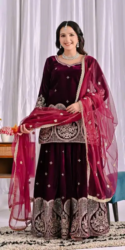 ND 5054 Maroon Embroidery Work Salwar Suit in Maroon Viscous Velvet. Available at ₹2449 only. Delivery 4-6 Working Days. Shop now. | Jump Suits, Tops & Bottoms, Track Suits, Trendy Wear, Salwar suit, Designer Suits, Casual Suits, Creative suits, Palazzo Suits, Party Wear Suits, Patiala Suits, Straight Suits