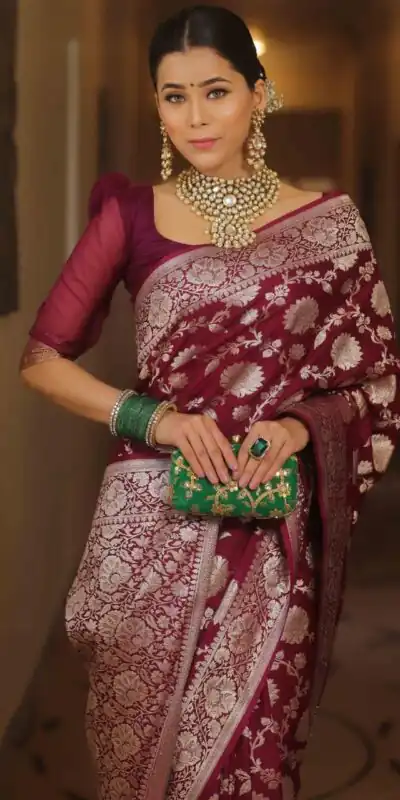 KP 5085 Maroon in Soft Lichi Silk Wedding, Party, Festive, Events Designer Work Saree . Get it for ₹1349. Delivery 4-6 Working Days. Shop now. | Sarees, Bollywood Sarees, Creative Sarees, Designer Sarees, Embroidered Sarees, Ethnic Saree, Modern Digital sarees, Party Wear Sarees