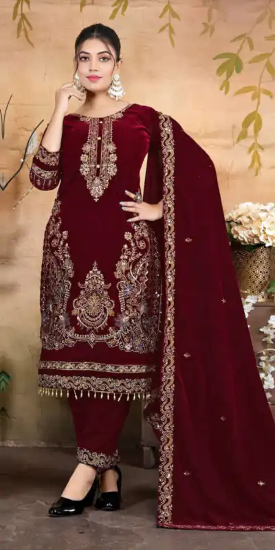 FC 1198 Maroon Velvet Salwar Suit with Embroidery Work & Lace Work. Festive Deal ₹2549. Delivery 4-6 Working Days. Shop now. | Jump Suits, Tops & Bottoms, Track Suits, Trendy Wear, Salwar suit, Designer Suits, Casual Suits, Creative suits, Palazzo Suits, Party Wear Suits, Patiala Suits, Straight Suits