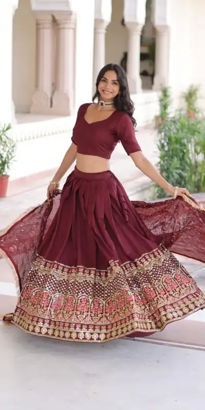 KA 5051 Maroon in Vichitra Silk Embroidery Work & Sequins Work Lehenga Choli . Now at just ₹2499. Delivery 4-6 Working Days. Shop now. | Lehenga, Bollywood Lehenga, Creative Lehenga, Designer Lehenga, Embroidered Lehenga, Party Wear Lehenga