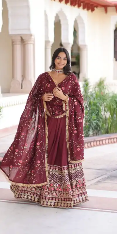 KA 5051 Maroon in Vichitra Silk Embroidery Work & Sequins Work Lehenga Choli . Now at just ₹2499. Delivery 4-6 Working Days. Shop now. | Lehenga, Bollywood Lehenga, Creative Lehenga, Designer Lehenga, Embroidered Lehenga, Party Wear Lehenga