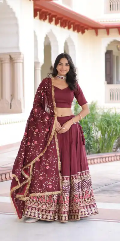 KA 5051 Maroon in Vichitra Silk Embroidery Work & Sequins Work Lehenga Choli . Now at just ₹2499. Delivery 4-6 Working Days. Shop now. | Lehenga, Bollywood Lehenga, Creative Lehenga, Designer Lehenga, Embroidered Lehenga, Party Wear Lehenga