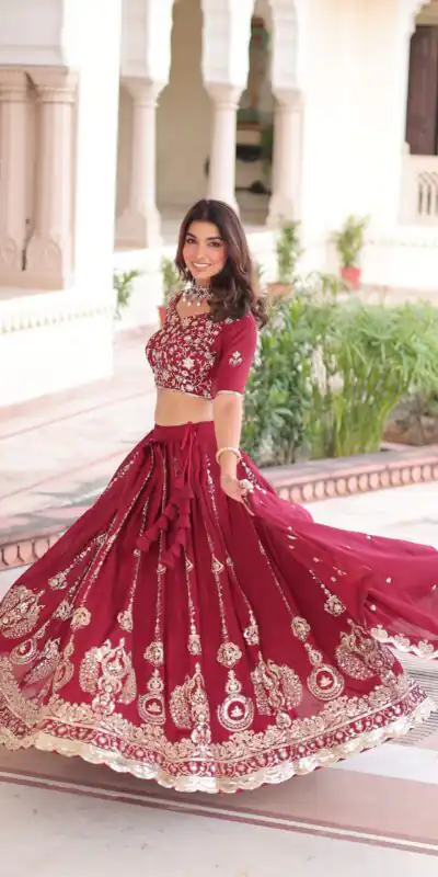 KA 5052 Maroon Vichitra Silk Lehenga Choli Perfect for Wedding, Party, Baby Shower, Cultural Events, Pooja – . Exclusive Offer ₹2599. Delivery 4-6 Wo | Lehenga, Bollywood Lehenga, Creative Lehenga, Designer Lehenga, Embroidered Lehenga, Party Wear Lehenga