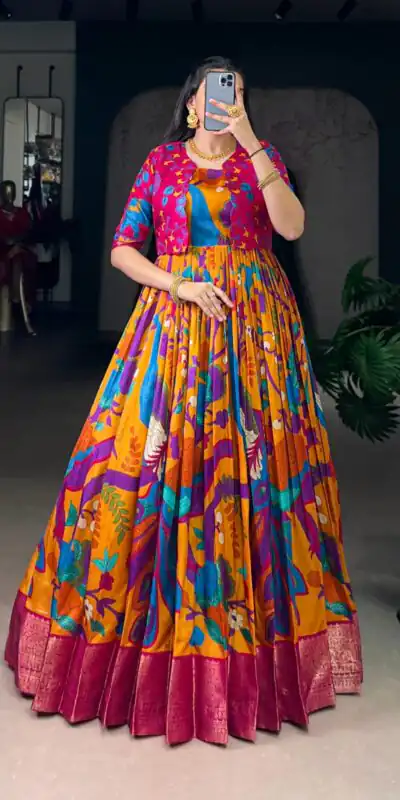 YNF 5035 Mustard in Taser Silk Zari Work & Kalamkari Print Gown . Available at ₹1799 only. Delivery 4-6 Working Days. Shop now. | Gowns, Bollywood Gowns, Creative Gowns, Designer Gowns, Embroidered Gowns, Party Wear Gowns