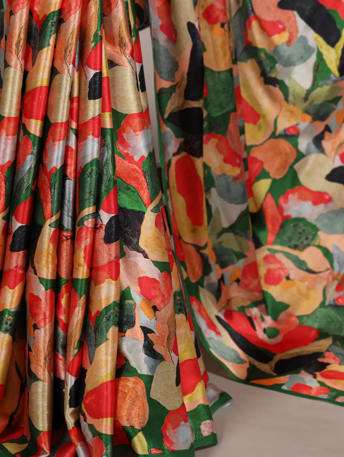 Mustered Satin Silk Floral Print Saree - Image 3