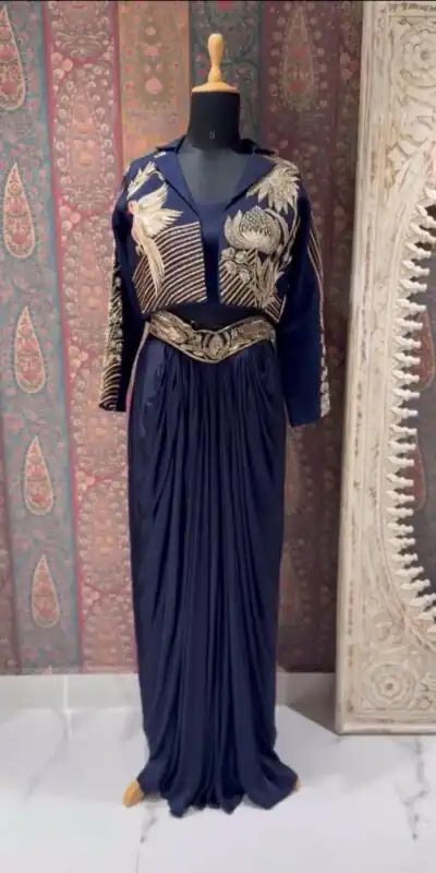 BE 372 Navy Blue French Crape Dhoti Suit Perfect for Wedding, Party, Ganesh Chaturthi, Durga Puja, Housewarming – . Available at ₹1899 only. Deliv | Jump Suits, Salwar suit, Designer Suits, Casual Suits, Creative suits, Palazzo Suits, Party Wear Suits, Patiala Suits, Straight Suits