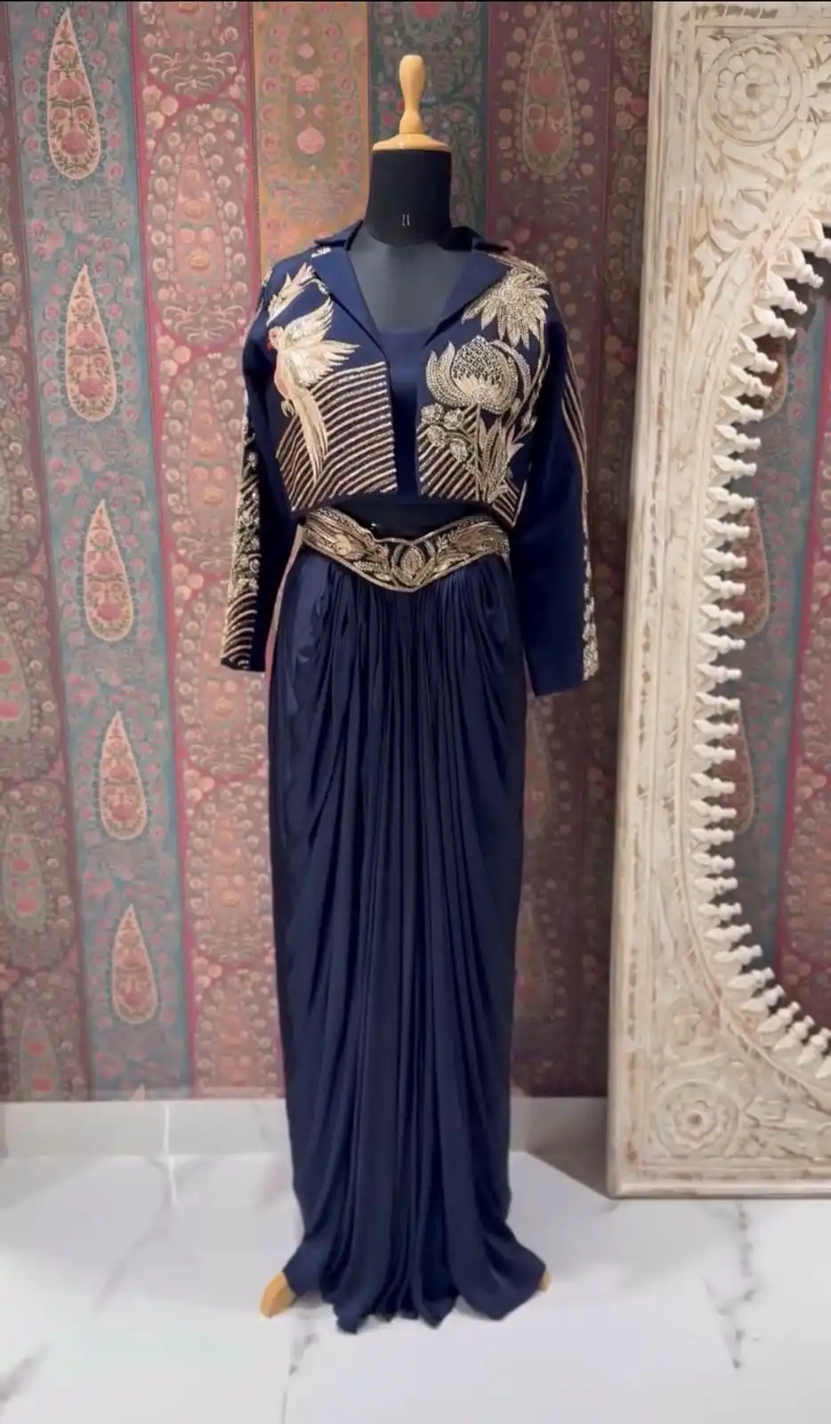 BE 372 Navy Blue French Crape Dhoti Suit Perfect for Wedding, Party, Ganesh Chaturthi, Durga Puja, Housewarming – . Available at ₹1899 only. Deliv | Jump Suits, Salwar suit, Designer Suits, Casual Suits, Creative suits, Palazzo Suits, Party Wear Suits, Patiala Suits, Straight Suits