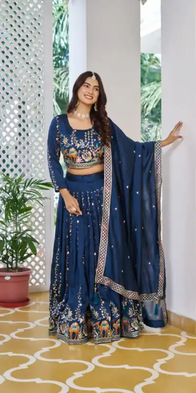 Ram 150 Navy Blue Color Vichitra Lehenga Choli with Embroidery Work. Grab it for ₹3049. Delivery 4-6 Working Days. Shop now. | Lehenga, Bollywood Lehenga, Creative Lehenga, Designer Lehenga, Embroidered Lehenga, Party Wear Lehenga