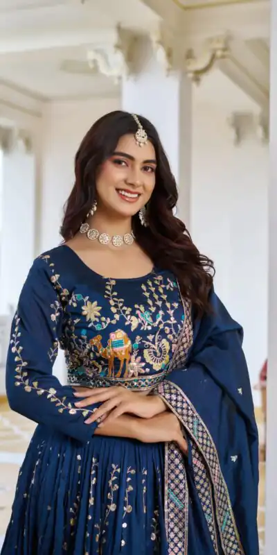 Ram 150 Navy Blue Color Vichitra Lehenga Choli with Embroidery Work. Grab it for ₹3049. Delivery 4-6 Working Days. Shop now. | Lehenga, Bollywood Lehenga, Creative Lehenga, Designer Lehenga, Embroidered Lehenga, Party Wear Lehenga