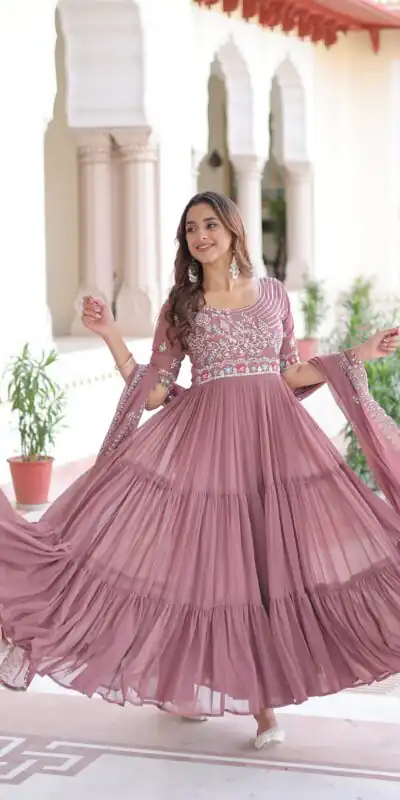 KA 1213 Onion Faux Blooming Gown with Embroidery Work & Sequins Work. Best Price ₹2449. Delivery 4-6 Working Days. Shop now. | Gowns, Bollywood Gowns, Creative Gowns, Designer Gowns, Embroidered Gowns, Party Wear Gowns