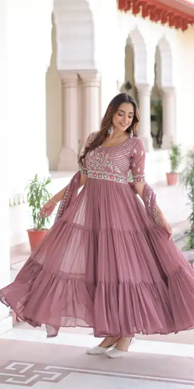 KA 1213 Onion Faux Blooming Gown with Embroidery Work & Sequins Work. Best Price ₹2449. Delivery 4-6 Working Days. Shop now. | Gowns, Bollywood Gowns, Creative Gowns, Designer Gowns, Embroidered Gowns, Party Wear Gowns