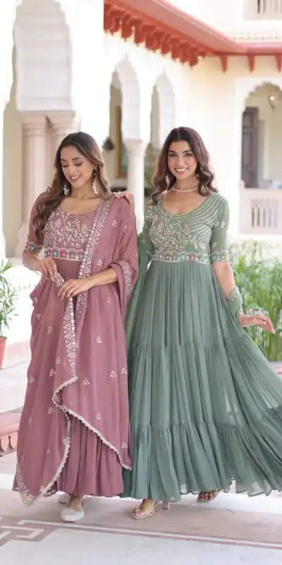 KA 1213 Onion Faux Blooming Gown with Embroidery Work & Sequins Work. Best Price ₹2449. Delivery 4-6 Working Days. Shop now. | Gowns, Bollywood Gowns, Creative Gowns, Designer Gowns, Embroidered Gowns, Party Wear Gowns
