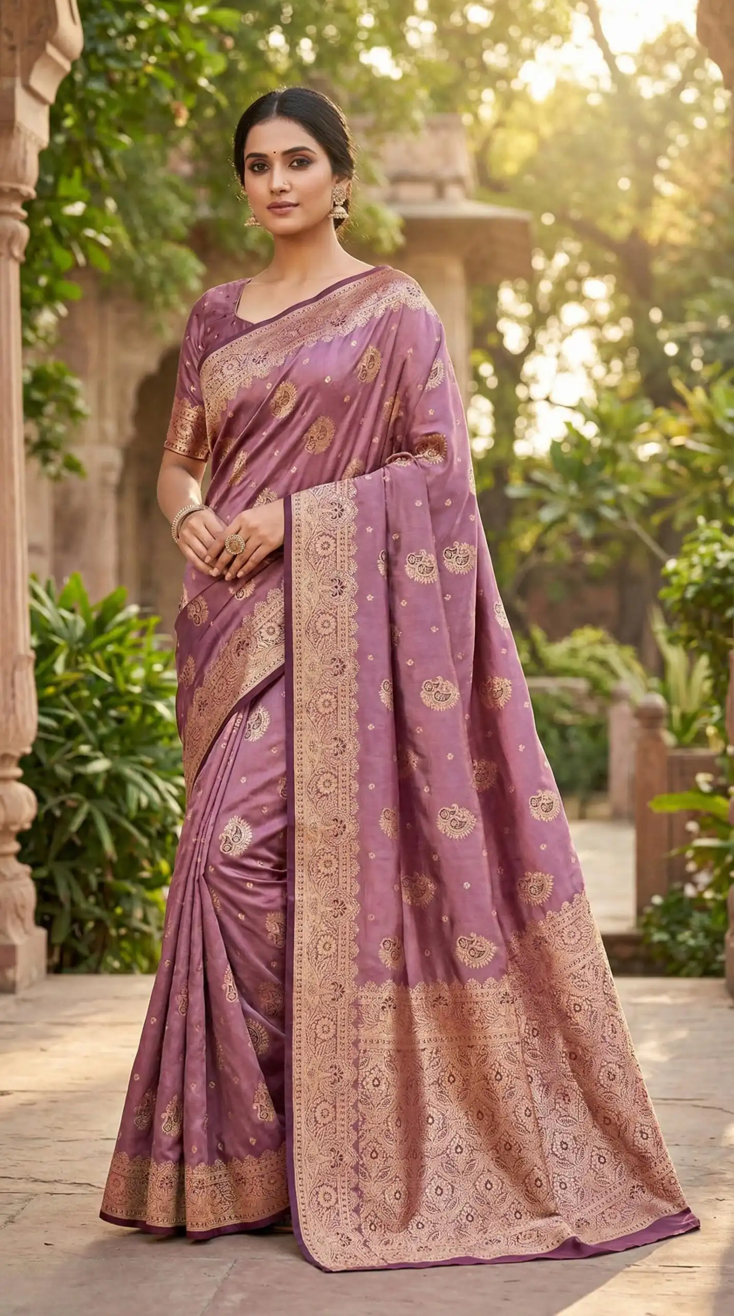 Onion Satin Silk Lace Zari Work Saree