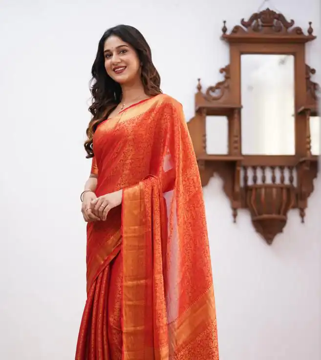 KPR 168 Orange in Soft Lichi Silk Lace Border & Lace Work Saree . Available at ₹1299 only. Delivery 4-6 Working Days. Shop now. | Sarees, Bollywood Sarees, Creative Sarees, Designer Sarees, Embroidered Sarees, Ethnic Saree, Modern Digital sarees, Party Wear Sarees