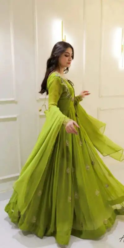 LG 2047 Parrot Green in Color Georgette Embroidery Work Gown . Wedding, Party, Festive, Events Grab it for ₹1949. Delivery 4-6 Working Days. Shop now. | Gowns, Bollywood Gowns, Creative Gowns, Designer Gowns, Embroidered Gowns, Party Wear Gowns