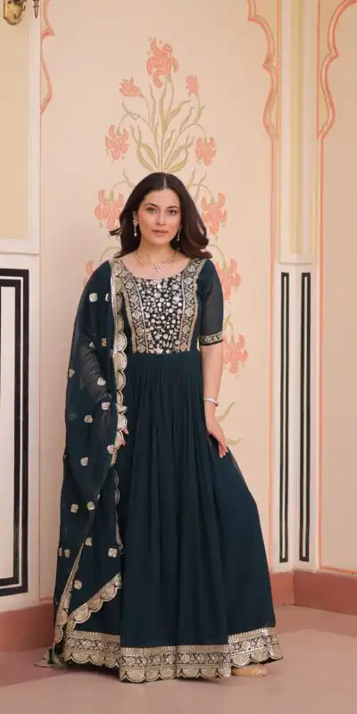 KA 1177 Peacock Blue in Faux Blooming Embroidery Work & Zari Work Gown . Special Price ₹2049. Delivery 4-6 Working Days. Shop now. | Gowns, Bollywood Gowns, Creative Gowns, Designer Gowns, Embroidered Gowns, Party Wear Gowns