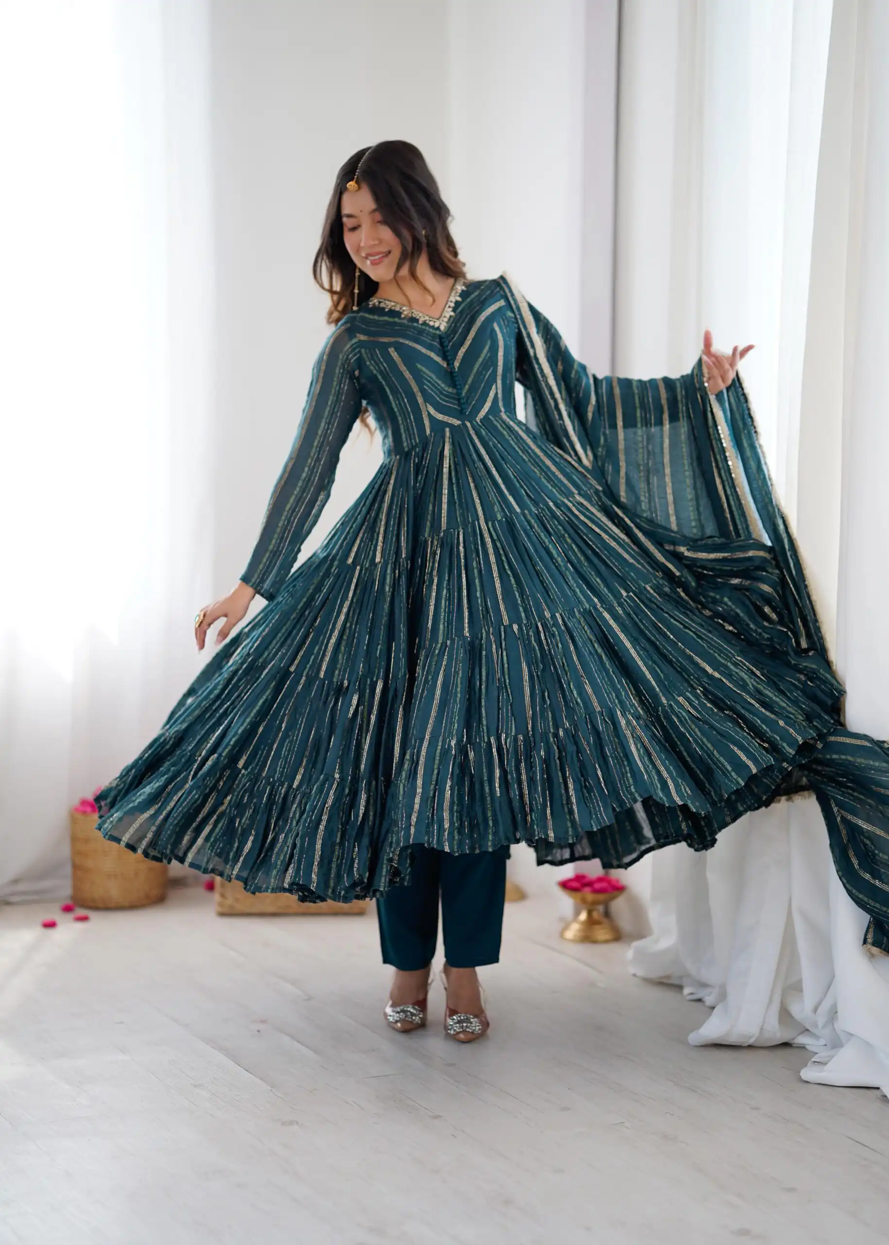 SRK 5305 Peacock Blue Color Mal Chanderi Gown with Mirror Work & Lace Work. Grab it for ₹2399. Delivery 4-6 Working Days. Shop now. | Gowns, Bollywood Gowns, Creative Gowns, Designer Gowns, Embroidered Gowns, Party Wear Gowns