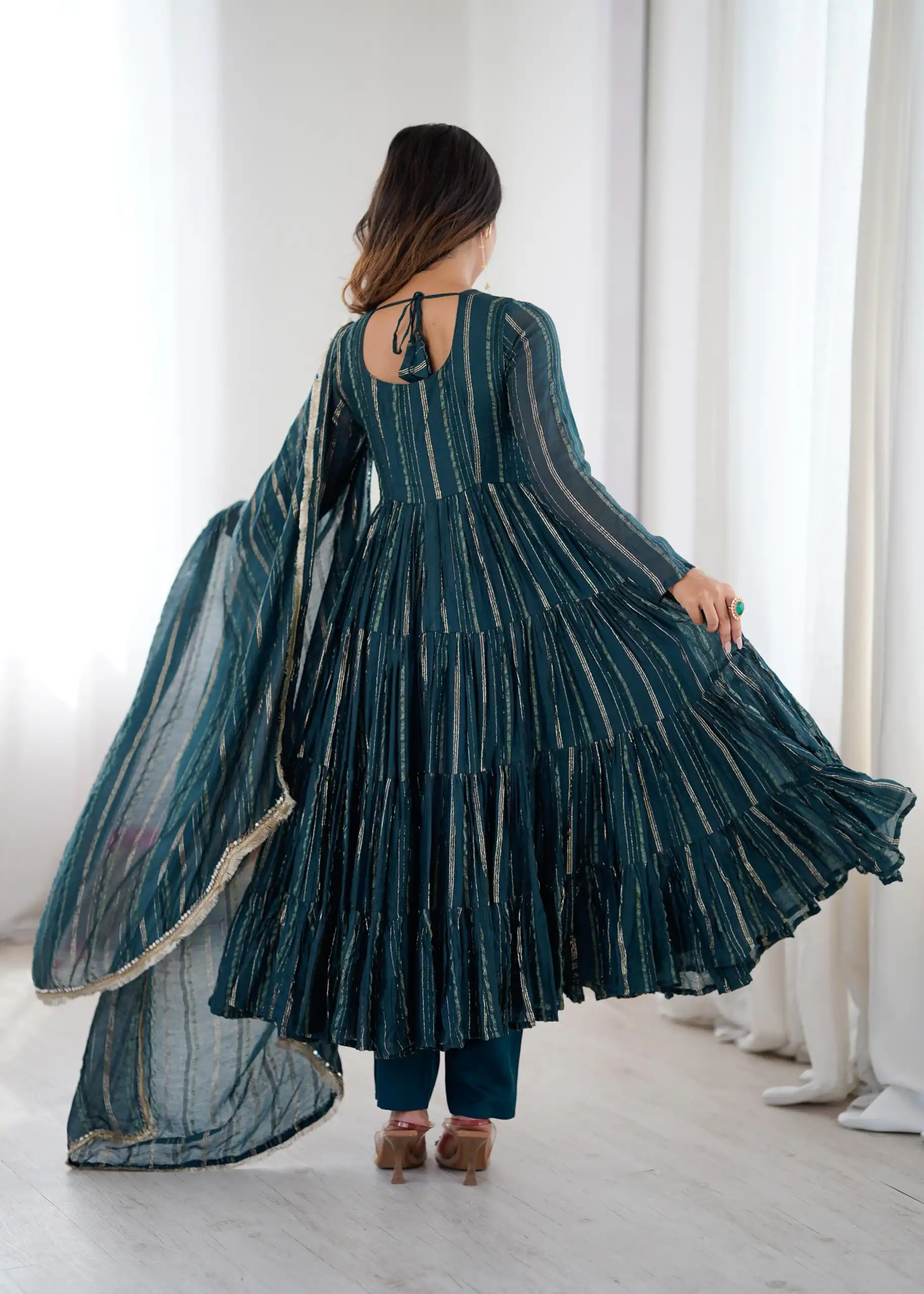 SRK 5305 Peacock Blue Color Mal Chanderi Gown with Mirror Work & Lace Work. Grab it for ₹2399. Delivery 4-6 Working Days. Shop now. | Gowns, Bollywood Gowns, Creative Gowns, Designer Gowns, Embroidered Gowns, Party Wear Gowns