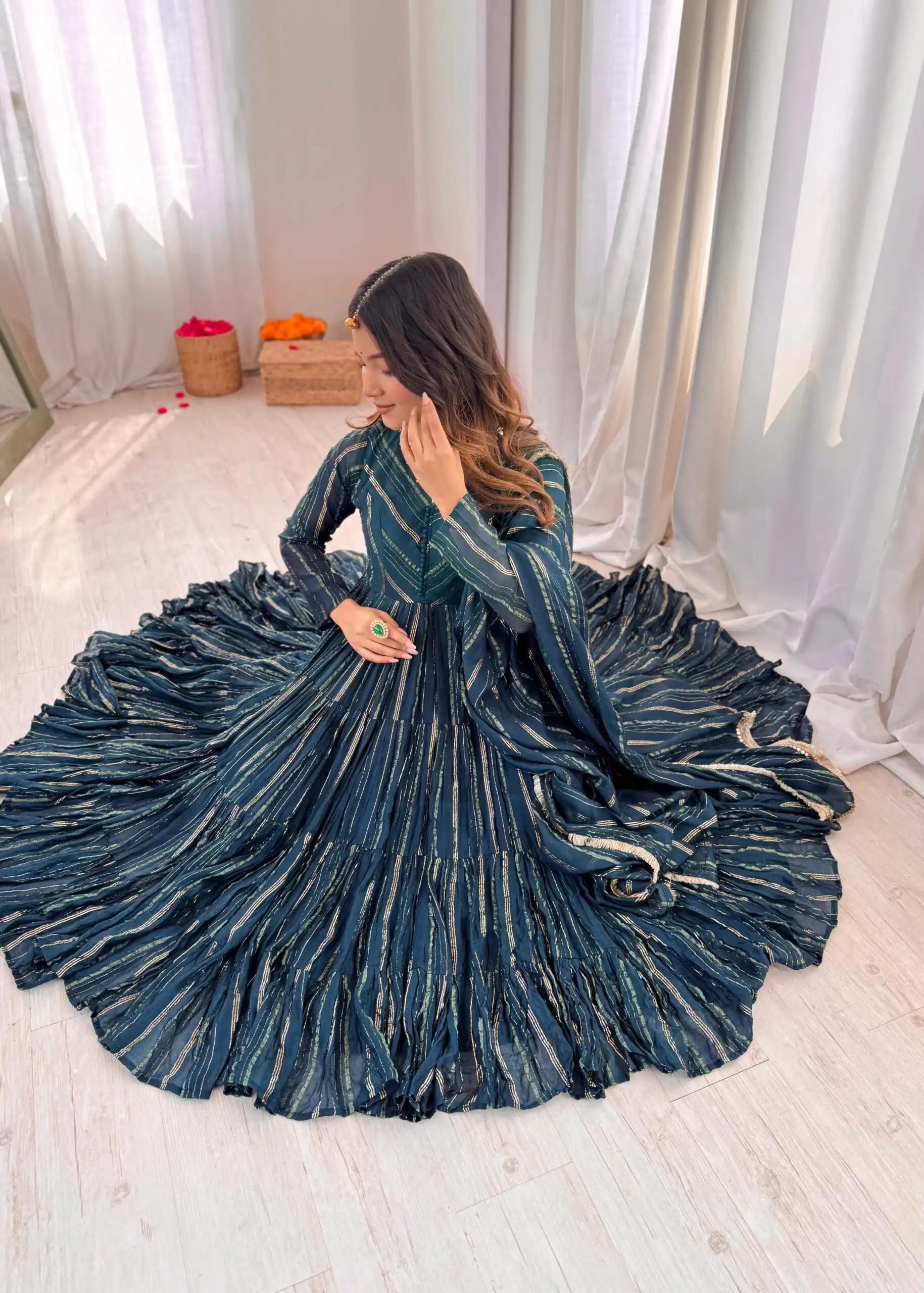 SRK 5305 Peacock Blue Color Mal Chanderi Gown with Mirror Work & Lace Work. Grab it for ₹2399. Delivery 4-6 Working Days. Shop now. | Gowns, Bollywood Gowns, Creative Gowns, Designer Gowns, Embroidered Gowns, Party Wear Gowns