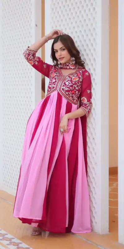 Ram 079 Pink Fox Georgette Gown Perfect for Wedding, Party, Eid, Temple Visit, Pongal – . Best Price ₹2049. Delivery 4-6 Working Days. Shop now. | Gowns, Bollywood Gowns, Creative Gowns, Designer Gowns, Embroidered Gowns, Party Wear Gowns