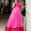 YNF 5012 Pink Mass Mello Gown with Zari Work. Available at ₹1799 only. Wedding, Party, Festive, Events Delivery 4-6 Working Days. Shop now. | Gowns, Bollywood Gowns, Creative Gowns, Designer Gowns, Embroidered Gowns, Party Wear Gowns