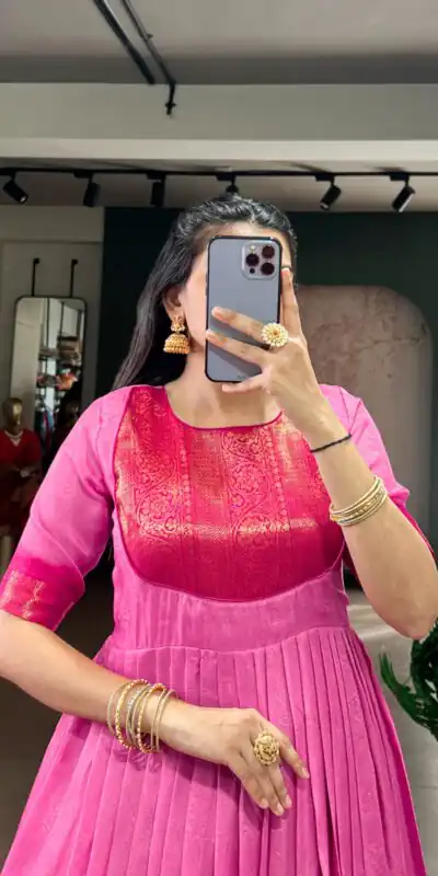 YNF 5012 Pink Mass Mello Gown with Zari Work. Available at ₹1799 only. Wedding, Party, Festive, Events Delivery 4-6 Working Days. Shop now. | Gowns, Bollywood Gowns, Creative Gowns, Designer Gowns, Embroidered Gowns, Party Wear Gowns