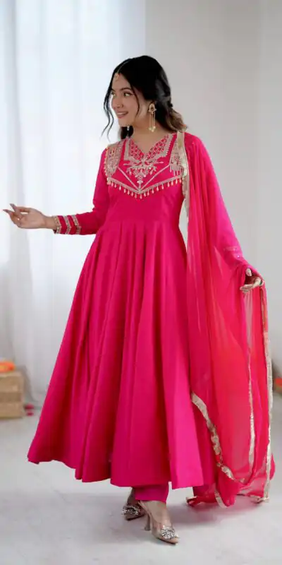 ZSR 3149 Pink Roman silk Gown Perfect for Wedding, Party, Sangeet, Haldi, Lohri – . Introductory Price ₹2099. Delivery 4-6 Working Days. Shop now. | Gowns, Bollywood Gowns, Creative Gowns, Designer Gowns, Embroidered Gowns, Party Wear Gowns