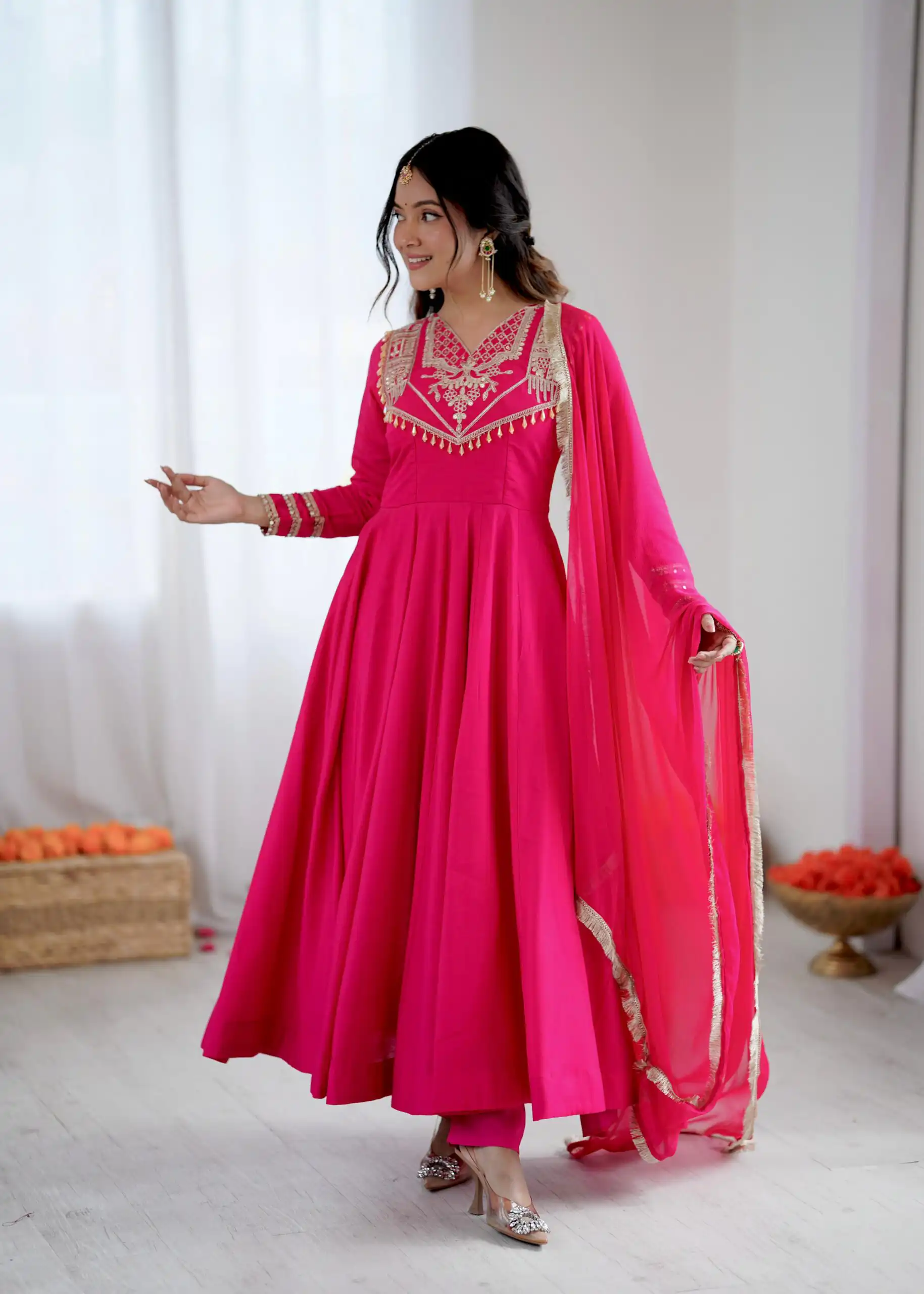 ZSR 3149 Pink Roman silk Gown Perfect for Wedding, Party, Sangeet, Haldi, Lohri – . Introductory Price ₹2099. Delivery 4-6 Working Days. Shop now. | Gowns, Bollywood Gowns, Creative Gowns, Designer Gowns, Embroidered Gowns, Party Wear Gowns