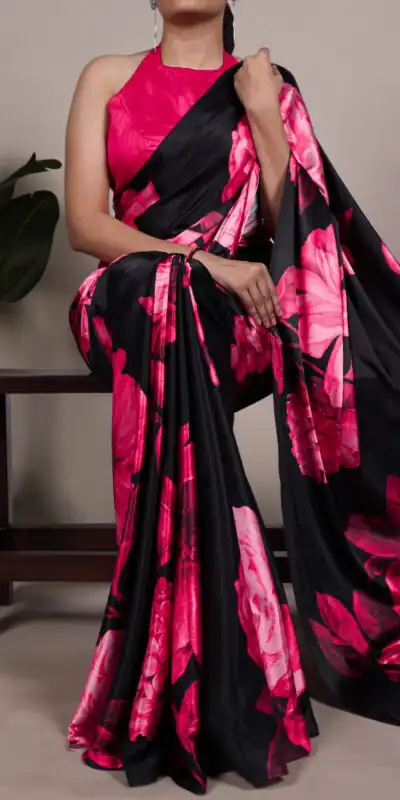 Pink Satin Silk Floral Print Saree