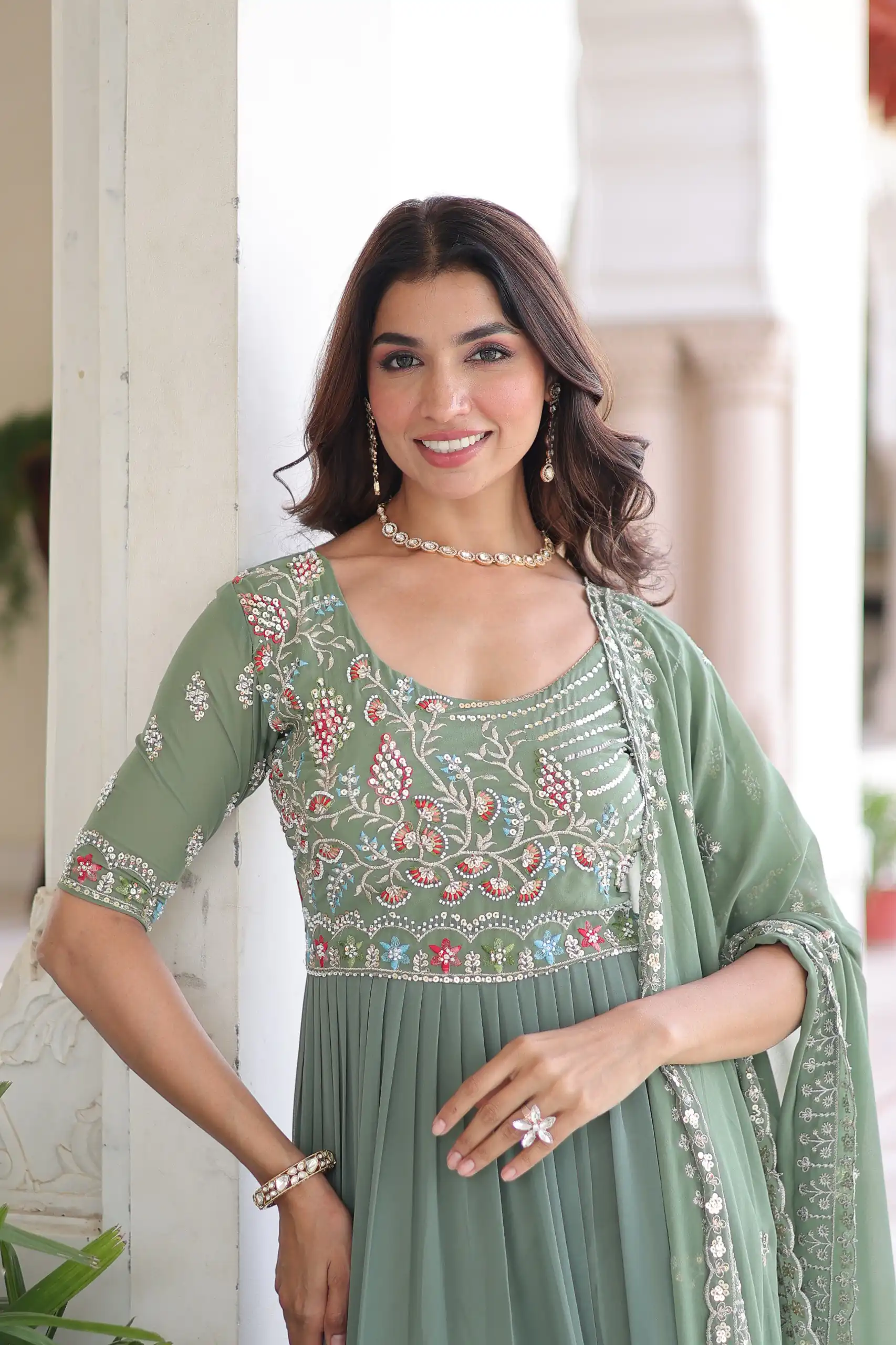 KA 1213 Pista Faux Blooming Gown with Embroidery Work & Sequins Work. Best Price ₹2449. Delivery 4-6 Working Days. Shop now. | Gowns, Bollywood Gowns, Creative Gowns, Designer Gowns, Embroidered Gowns, Party Wear Gowns