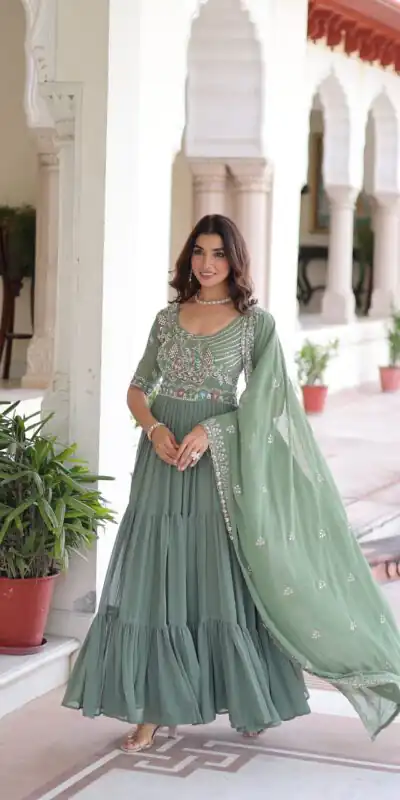 KA 1213 Pista Faux Blooming Gown with Embroidery Work & Sequins Work. Best Price ₹2449. Delivery 4-6 Working Days. Shop now. | Gowns, Bollywood Gowns, Creative Gowns, Designer Gowns, Embroidered Gowns, Party Wear Gowns
