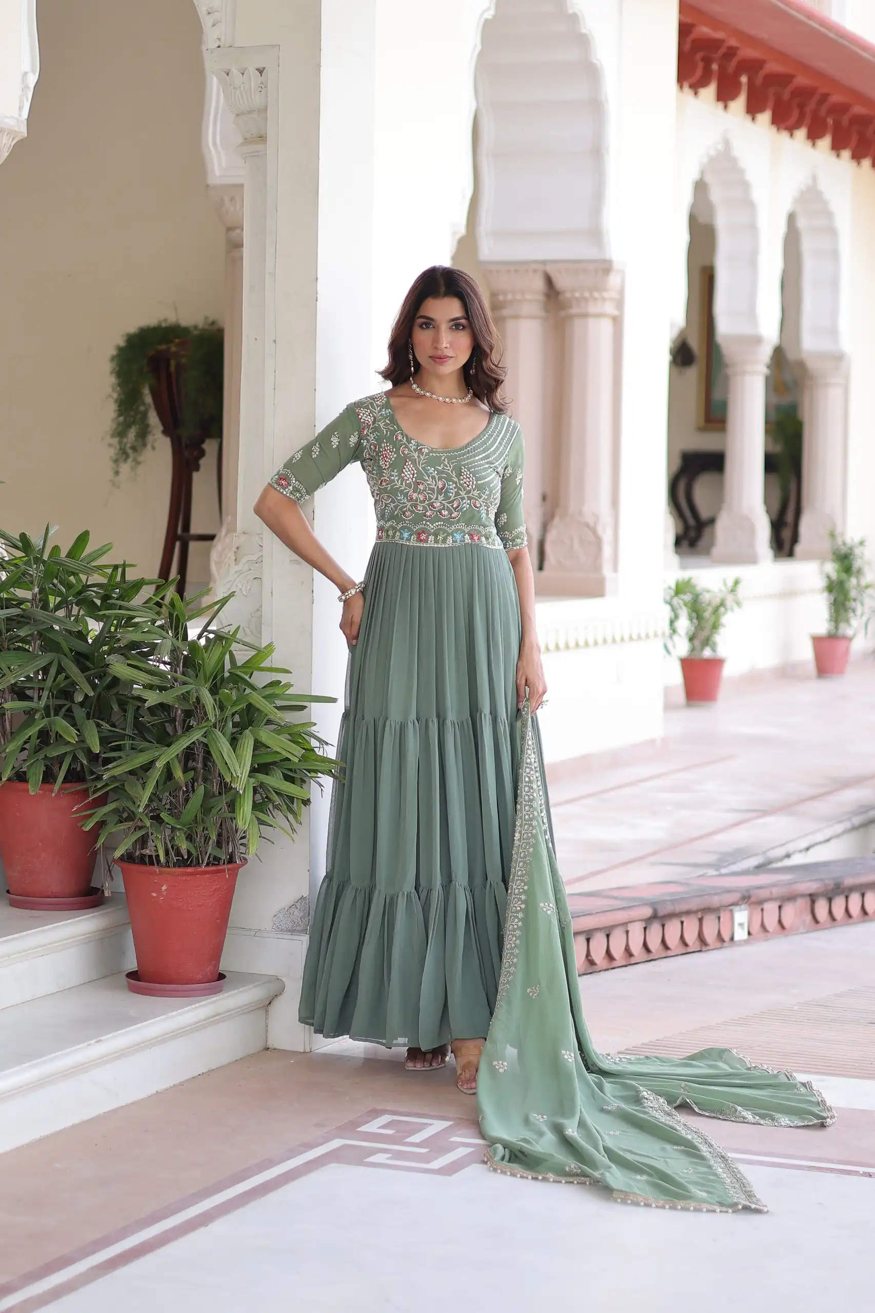 KA 1213 Pista Faux Blooming Gown with Embroidery Work & Sequins Work. Best Price ₹2449. Delivery 4-6 Working Days. Shop now. | Gowns, Bollywood Gowns, Creative Gowns, Designer Gowns, Embroidered Gowns, Party Wear Gowns
