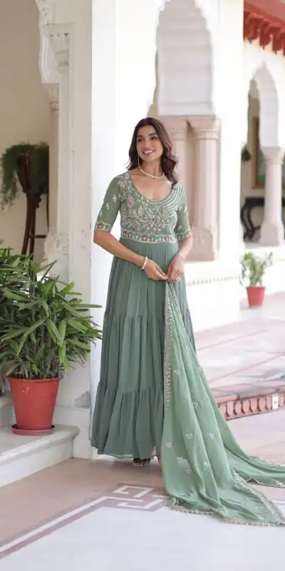 KA 1213 Pista Faux Blooming Gown with Embroidery Work & Sequins Work. Best Price ₹2449. Delivery 4-6 Working Days. Shop now. | Gowns, Bollywood Gowns, Creative Gowns, Designer Gowns, Embroidered Gowns, Party Wear Gowns