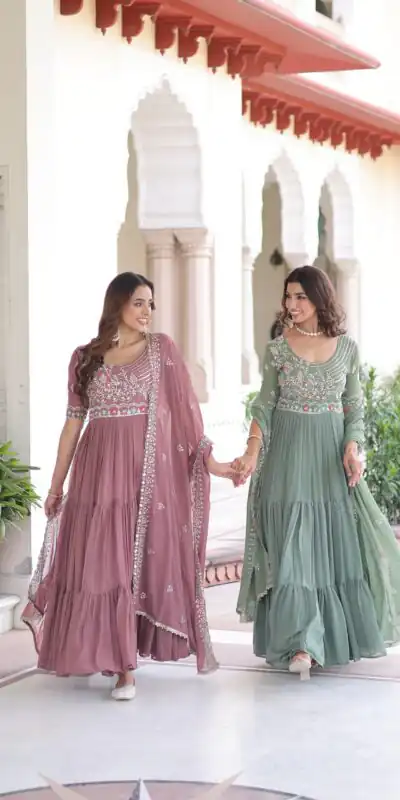 KA 1213 Pista Faux Blooming Gown with Embroidery Work & Sequins Work. Best Price ₹2449. Delivery 4-6 Working Days. Shop now. | Gowns, Bollywood Gowns, Creative Gowns, Designer Gowns, Embroidered Gowns, Party Wear Gowns