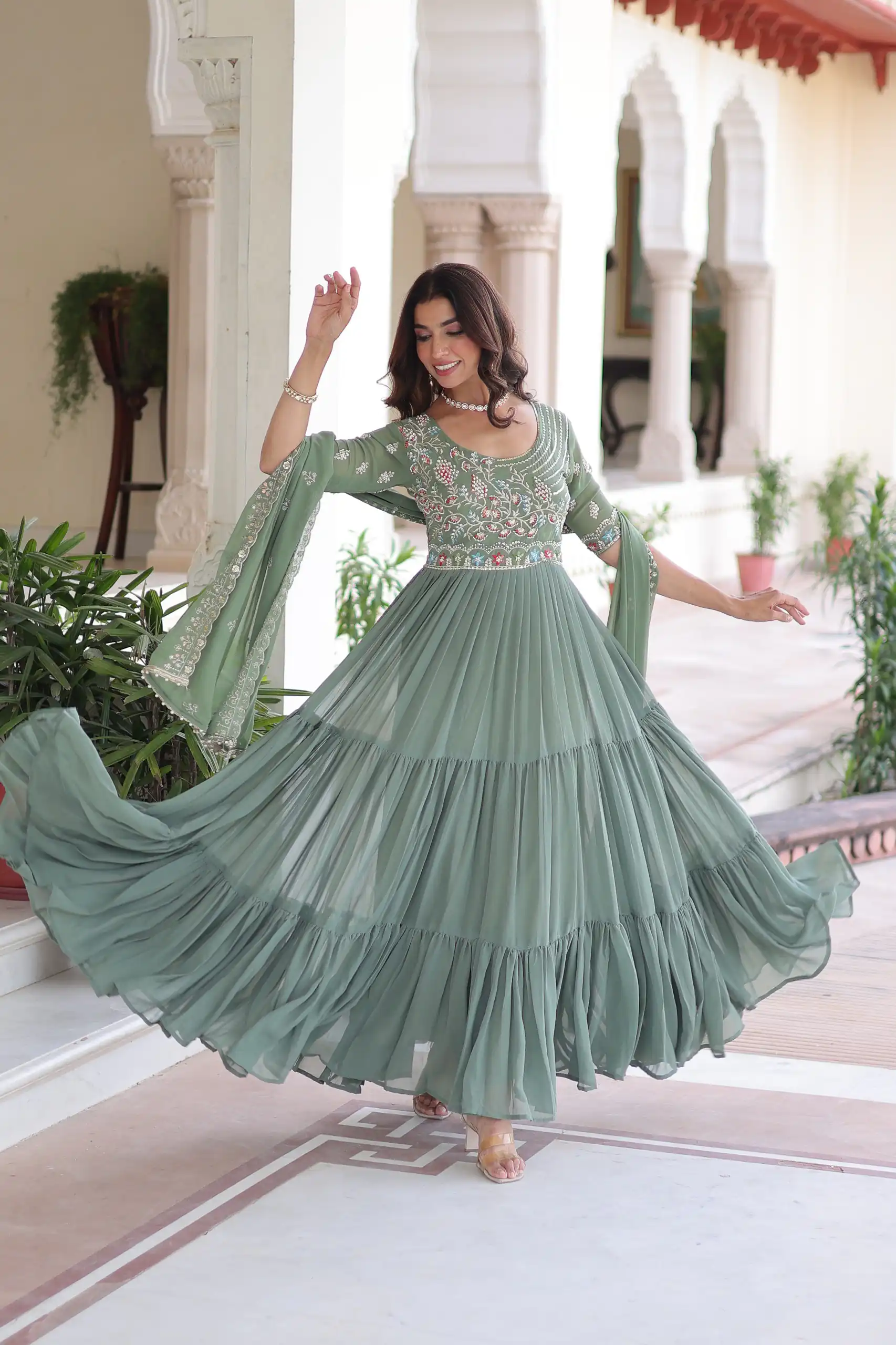 KA 1213 Pista Faux Blooming Gown with Embroidery Work & Sequins Work. Best Price ₹2449. Delivery 4-6 Working Days. Shop now. | Gowns, Bollywood Gowns, Creative Gowns, Designer Gowns, Embroidered Gowns, Party Wear Gowns