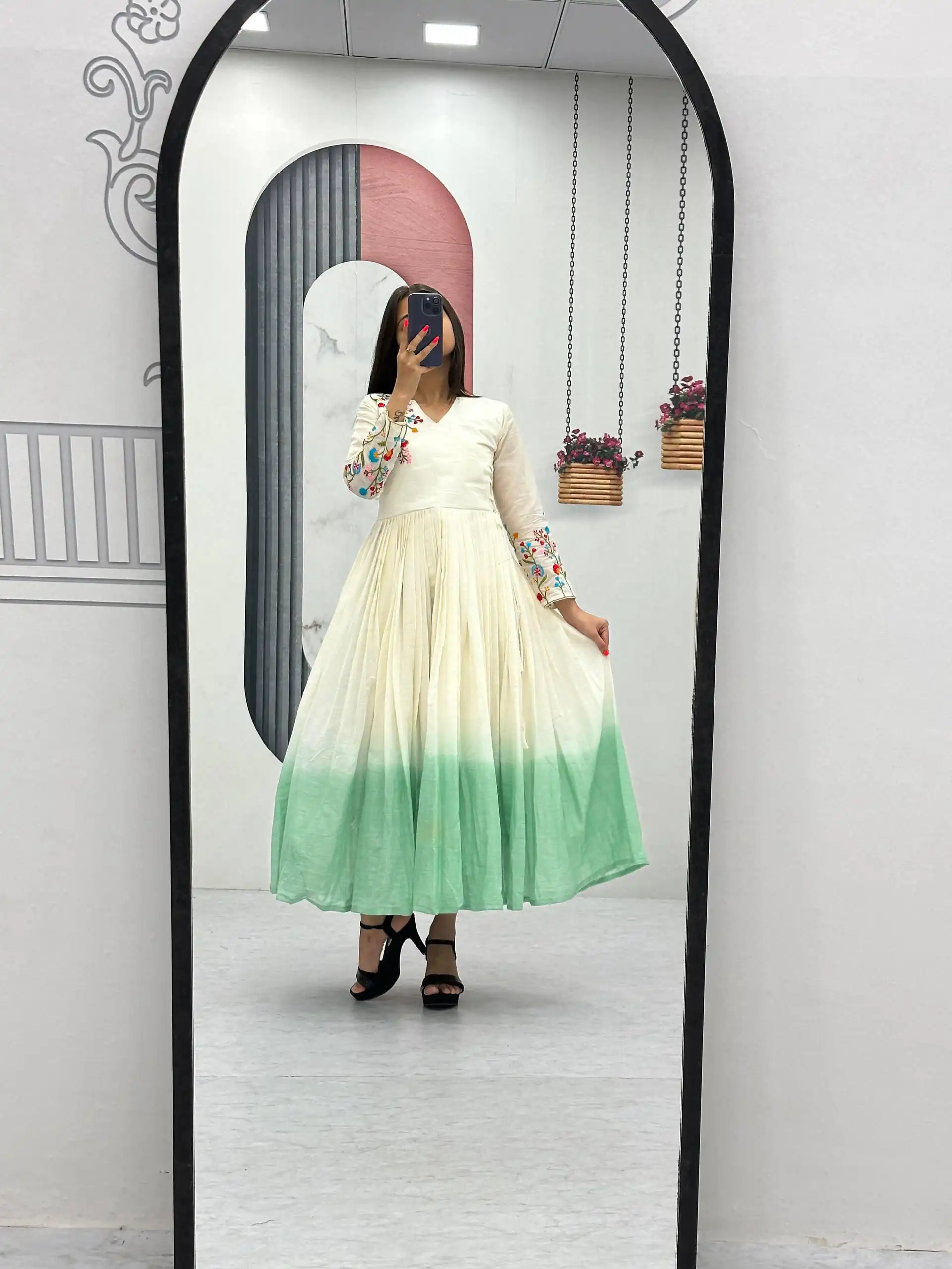 PC 526 Pista Soft Cotton Gown with Embroidery Work. Wedding, Party, Festive, Events, Best Price ₹1749. Delivery 4-6 Working Days. Shop now. | Gowns, Bollywood Gowns, Creative Gowns, Designer Gowns, Embroidered Gowns, Party Wear Gowns