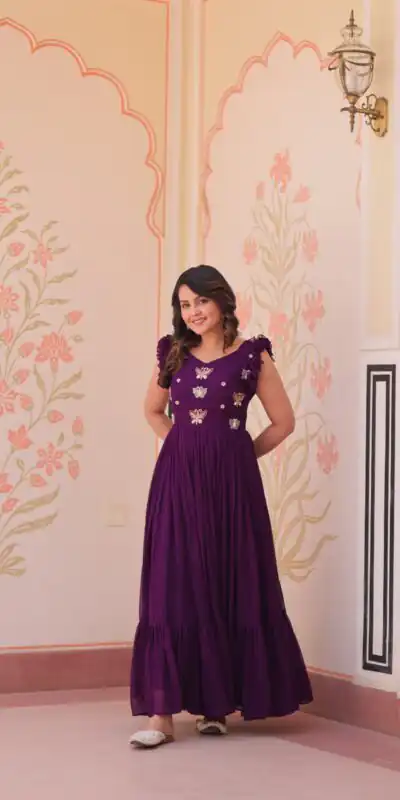 KA 1174 Purple Faux Blooming Gown Perfect for Wedding, Party, Housewarming, Baby Shower, Raksha Bandhan – . Now at just ₹1699. Delivery 4-6 Working Dasy | Gowns, Bollywood Gowns, Creative Gowns, Designer Gowns, Embroidered Gowns, Party Wear Gowns