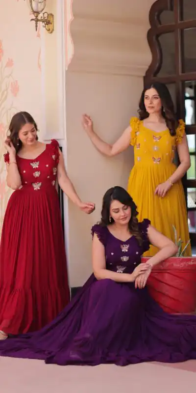 KA 1174 Purple Faux Blooming Gown Perfect for Wedding, Party, Housewarming, Baby Shower, Raksha Bandhan – . Now at just ₹1699. Delivery 4-6 Working Dasy | Gowns, Bollywood Gowns, Creative Gowns, Designer Gowns, Embroidered Gowns, Party Wear Gowns