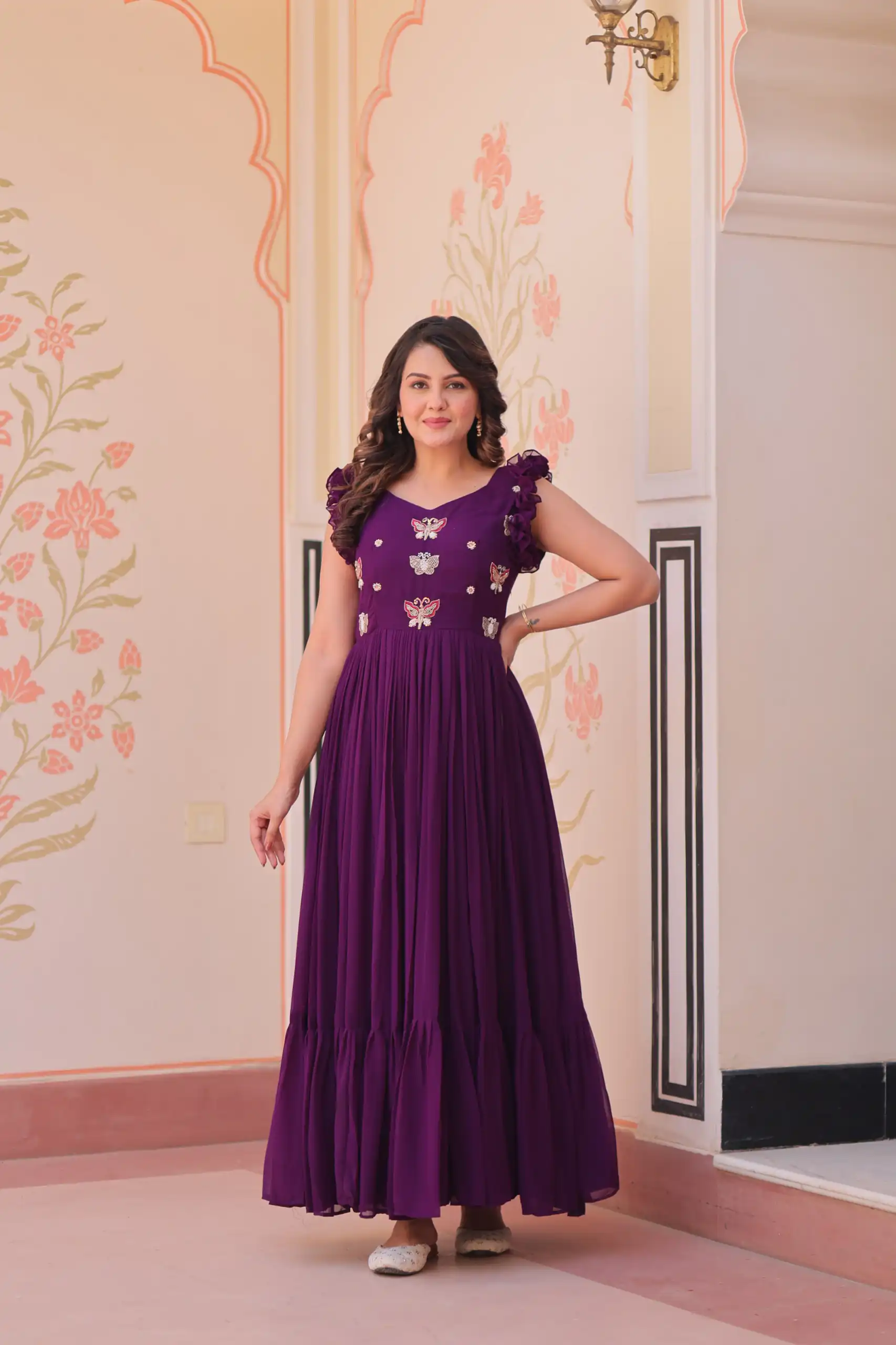 KA 1174 Purple Faux Blooming Gown Perfect for Wedding, Party, Housewarming, Baby Shower, Raksha Bandhan – . Now at just ₹1699. Delivery 4-6 Working Dasy | Gowns, Bollywood Gowns, Creative Gowns, Designer Gowns, Embroidered Gowns, Party Wear Gowns