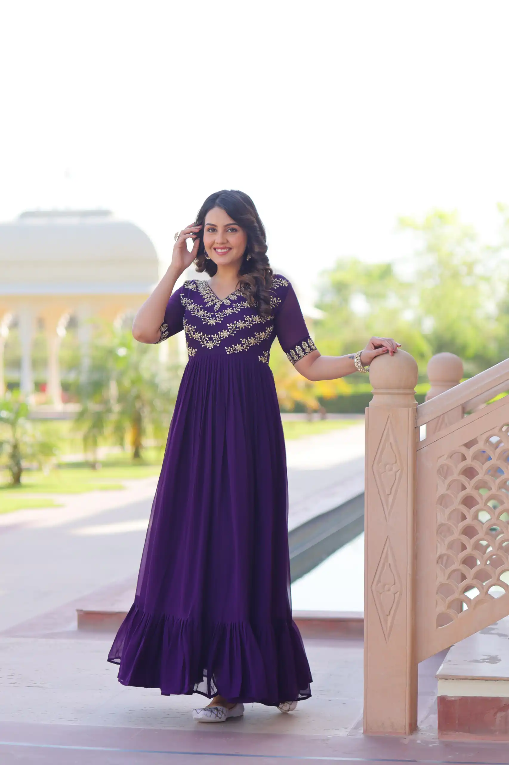 KA 1172 Purple in Faux Blooming Embroidery Work & Sequins Work Gown . Affordable Price ₹1749. Delivery 4-6 Working Days. Shop now. | Gowns, Bollywood Gowns, Creative Gowns, Designer Gowns, Embroidered Gowns, Party Wear Gowns